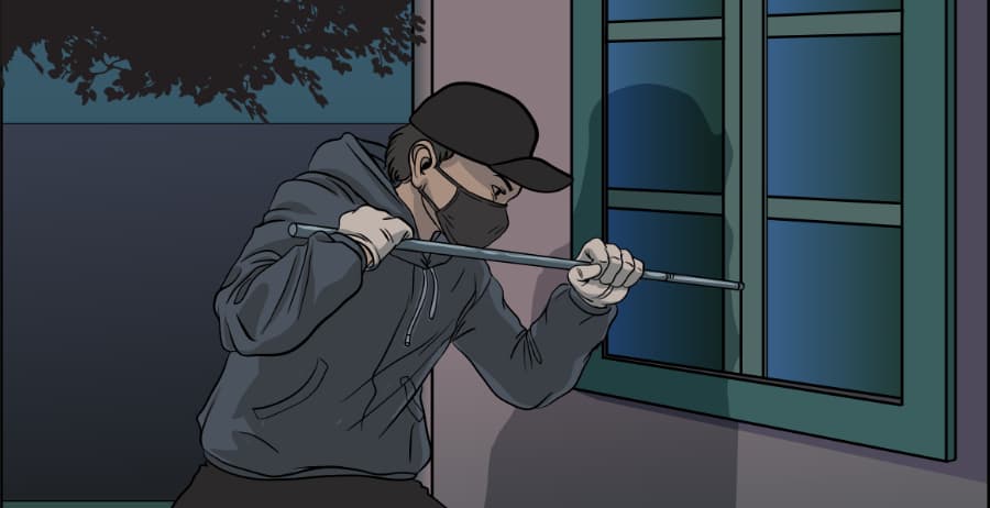 Illustration of burglar forcing entry through a window in Wausau